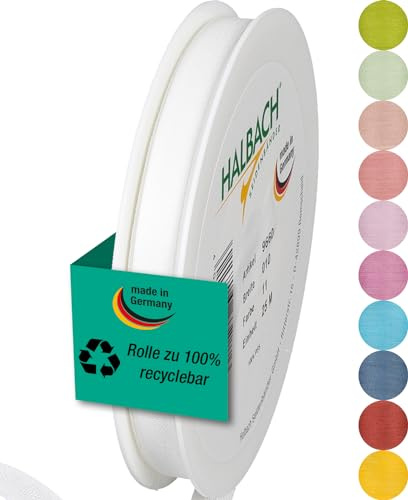 Halbach mattes Taftband, 10 mm x 25 m, weiß | Geschenkband in Baumwolloptik, Made in Germany, Ökt-Tex 100 zertifiziert und waschbar bei 30 Grad