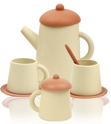 Coriver Silicone Tea Sets for Children, Toys Toddler Tea Set kids Kitchen Accessories, Pretend Play Toy Playset for Kids Boys Girls, Tea Party- Afternoon Tea Set for Home Travel (1. Beige)