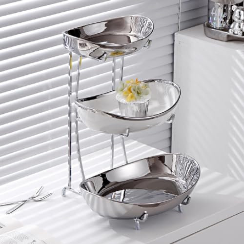JUNYFFF Fruteros De Cocina Modernos Cerámica, 3 Pisos Cesta Frutas Y Verduras Estable Y Sin Sacudidas, Cocina Frutero con Soporte Metálico para Sala De Estar, Cocina, Plateado