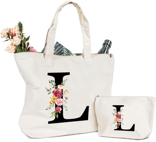 Letras Personalizadas Bolsa de lona, Bolso Tote de Mujer con Inicial y Flores Bolsa de Compras con Bolsillo Interior Alfabeto Bolso de Cosméticos Regalos para Damas Amigas Mamá Regalo Cumpleaños(L)