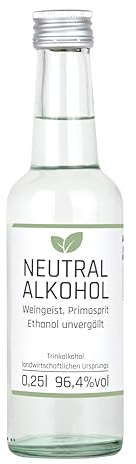 0,25l Weingeist Primasprit Trinkalkohol 96,4% vol - zum Ansetzen von Likören, Gin oder Tinkturen - 0,25l Flasche