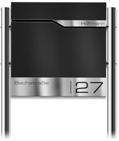 Metzler Boîte aux Lettres sur Pied Noire RAL 9005 avec Compartiment journaux – Plaque Nominative INOX personnalisée – Design Contemporain et résistant aux intempéries | Siebert