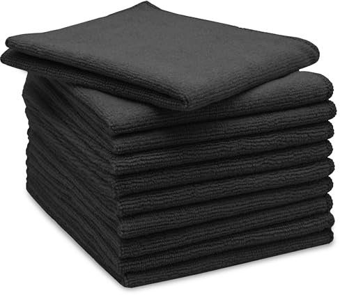 ZOLLNER Uppsättning av 10 mikrofiberdukar för randfri glans – luddfria och absorberande rengöringsdukar – tvättbara upp till 60 °C – 32 x 32 cm i svart – hotellkvalitet