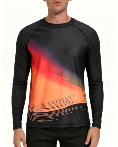 VAYAGER Herren Schwimmshirts UPF 50+ Rashguard Langarm Schnelltrocknendes T-Shirt Locker sitzendes Wasser Angeln UV-Schutzshirts(Black Orange L)