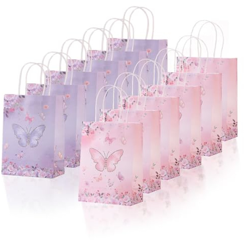 12 stycken fjärilspresentpåsar papperspåsar, papperspåsar med handtag, påsar barnfödelsedag, presentpåsar för barn, bröllop, julfester