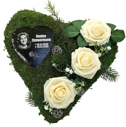 Radami Grabgesteck Grab Gesteck Grabschmuck Grabaufleger Moosherz mit Schieferherz und personalisierter Gravur (Rosen Creme)