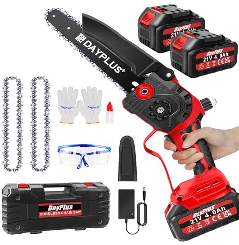 8000mAh Mini Chainsaw 8 Inch Cordless Electric Chainsaw with 2x 4.0Ah Batteries and Fast Charger, Security Lock, 2 Chains, Carry Case, Handheld Small Chain Saw for Wood Cutting Tree Trimming Gardening