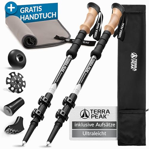 Terra Peak Wanderstöcke Teleskop Aluminium ausziehbar, Ultra-leicht - Trekkingstöcke & Nordic Walking Stöcke verstellbar Damen & Herren mit Gummipuffer - Kork-Griff Wander-Stock & Hiking Poles