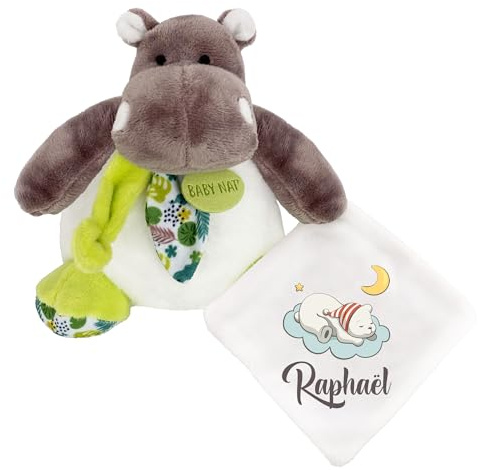 KDO MAGIC - Personalisiertes Schmusetuch - Personalisiert mit einem Namen - Anpassbares Geschenk für Kinder - Geschenkidee zur Geburt, Baby, Geburtstag, Taufe (Motiv: Wolke, Nilpferd)