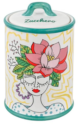 Baroni Home Barattolo Zucchero Decorato in Ceramica con Coperchio Ermetico, Zuccheriera Accessorio da Cucina Colorato Resistente, Linea Stylish, 10,5x10,5x17 cm