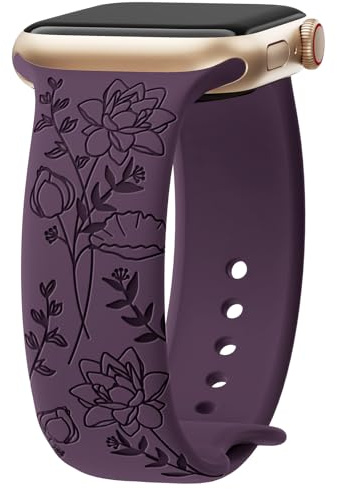 Yoohoo Floral Engraved Band for Apple Watch Straps 38mm 40mm 41mm 42mm | Soft Silicone Sport Band for Women,Cute Lotus Flower Strap for iWatch Series 11 10 9 8 7 6 5 4 3 2 1 SE Ultra,Plum