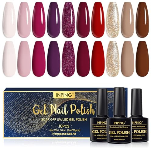 INPING UV Nagellack, 10 Farben Rosa Dunkelviolett Dunkelrot Rot Golden Glitzer Nude Braun Gel Nagellack Soak-Off UV Starter Set Geschenk für Frauen Nail Salon DIY, 8 ML