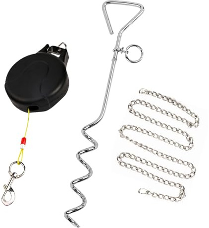 Dog Tie Out Stake with Chain, 9M/30FT Retractable Pet Leash with Spiral Ground Stake and 360° Swivel Clasp for Max. 41kg/90lbs Large Dog for Yard Park Travel Camping