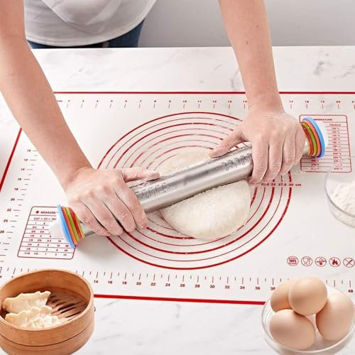 Rodillo de amasar cocina Rodillo Amasador 44cm Con Tapete De Silicona, Guías De Metal Para Rodillo Con 4 Anillos De Grosor Ajustable, Rodillos De Fondant De Diseño De Escala Para La Familia De Cocina