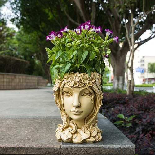 Romehaha Gesicht Blumentopf, Skulpturiert mit Drainageloch,Göttin Pflanzgefäß,Gesicht Kunst Skulptur Blumentopf Harz,Nette Göttin Pflanzer für Innen-und Außenpflanzen(Gold)