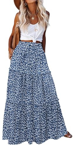 Hotouch Jupe Longue Elastique Taille Haute Jupes Femme Ete Jupe Élégante A-Ligne Jupes Imprimé Fleur Décontractée Skirt avec Poches