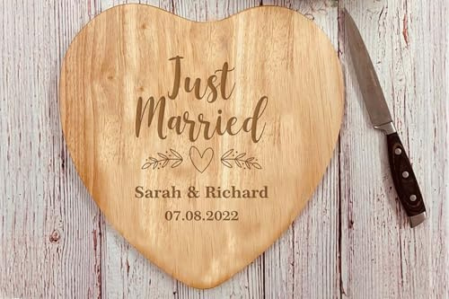 Personalised Heart-Shaped Wooden Chopping Board, Just Married Wedding, Custom Engraved Names and Date