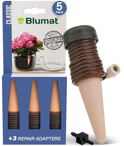 Blumat Classic Self-Watering Stakes - Prevents Overwatering and Underwatering for Healthy Growth While You are Away - Ideal for Indoor Plant Watering, 5 Pack, w Adapter