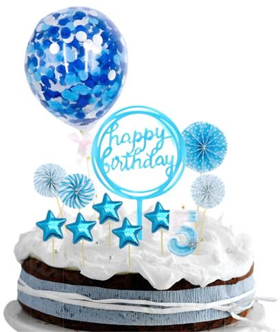 GGUFAY Bleu Décoration Gâteau Anniversaire, bougie 5 ans, Ballon à Paillettes, Étoiles, Décor Feu d’Artifice & Bougie Numérique, pour Fêtes d’Anniversaire Garçon & Fille, 12 Pièces