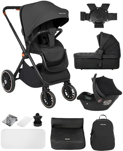 BabyVoyage 3 in 1 Kinderwagen 0-48 Monate, Buggy mit Zwei Umkehrbaren Schiebemodi, Rahmen Aluminiumlegierung, Vollfederung, 5 Punkt Sicherheitsgurt Ein-Klick-Faltdesign Kinderwagen, Zubehör-Schwarz