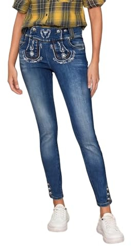 EQWIGKEIT Jeans da donna, lunghi, alla moda, elasticizzati, con ricamo bavarese, in denim, 7/8, per Oktoberfest, stile vintage, a vita alta, A8 blu scuro, S