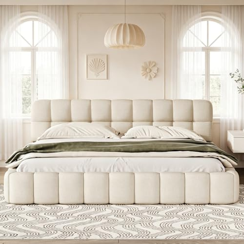 LKPOMI Polsterbett 160x200 cm Bubble Bett, Doppelbett Bettgestell mit Lattenrost, Jugendbett mit Gepolstertes Kopfteil für Schlafzimmer und Gästezimmer, Leinen, ohne Matratze (Beige, 160 x 200 cm)