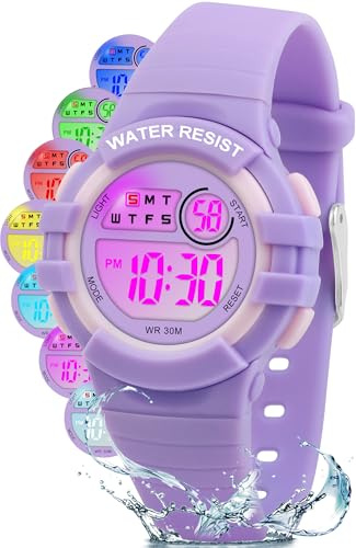 Ayybboo Kinderuhr Digital für Jungen Mädchen ab 4-15 Jahre,3 ATM Wasserdicht Armbanduhr Kinder mit 7-Farben LED,Digitaluhr Kinder mit Wecker,Stoppuhr,12/24H（Hellviolett）