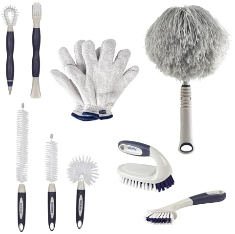 Beldray Deep Clean Set – Microfibre Dusting Gloves, Rubber Grip Feather Duster, Grout & Scrub Brush with Scraper, 3-Piece Bottle Brush Set & Dual-Sided Detail Brushes, Non-Scratch Cleaning Tools