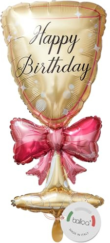 balloa Folienballon Sektglas Happy Birthday, XXL Geburtstagsdeko, 73 cm | Glänzendes Sektglas-Design in Gold und Pink, XXL, heliumgeeignet, ungefüllt, festliche Deko zum Geburtstag
