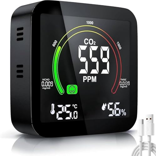 Sicomne CO2 Monitor Detector, 5 in 1 CO2 Detector Alarm Carbon Dioxide Detector Indoor Air Quality Monitor Temperature Humidity SensMonitor LCD Display Home Office Gym Car Black