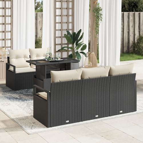 IBUQDDV 6-teiliges Garten Sofaset mit Kissen Schwarz Poly Rattan, Modulares Outdoor Sitzgruppe für Terrasse und Garten, Wetterfestes Handgewebtes Rattan Sofa mit Weißen Polstern