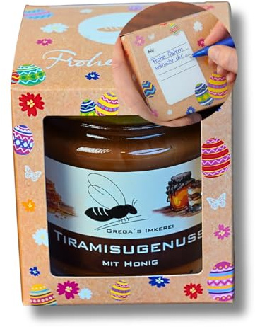 Oster Geschenk Box 1er Set mit Honig von Grega’s Imkerei | 1× 250g Honigspezialität in „Frohe Ostern“ Box mit Grußfeld | Natürliches Ostergeschenk direkt vom Imker (Tiramisugenuss mit Honig 250g)