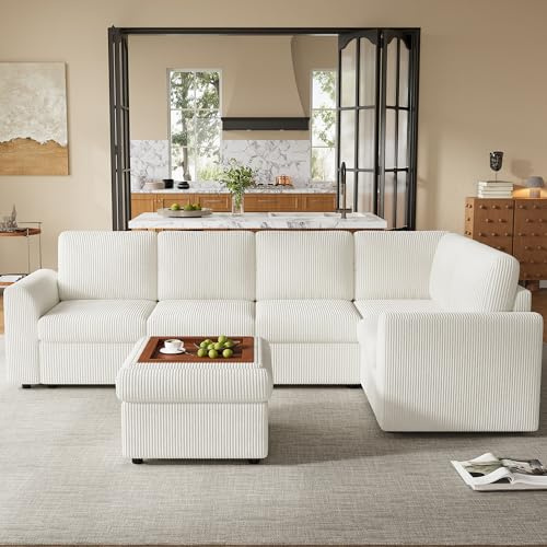 Luscriate Ecksofa L-Form Cord – 6-Sitzer Sofa mit Ottomane & Stauraum Hocker, Schlafsofa Funktion, modernes Wohnzimmer Sofa Beige (Beige, 6-Sitzer)