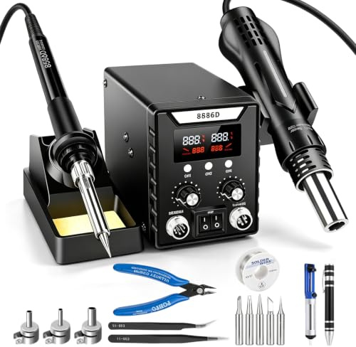 Stazione di saldatura, 2 in 1, stazione saldatrice ad aria calda, set 8586D, 600 W, stazione dissaldante Soldering Station 180-500 ℃, temperatura regolabile e volume dell'aria, set di saldatura per