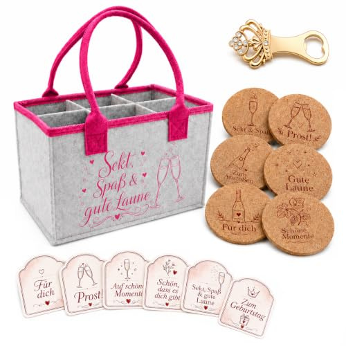 WALLFID Flaschentasche 6 Flaschen, Sekt Geschenkset aus Filz mit Kronenöffner, Untersetzern & Etiketten, Geschenk für Frauen zum Geburtstag, Mädelsabend, JGA & Party, ohne Flaschen
