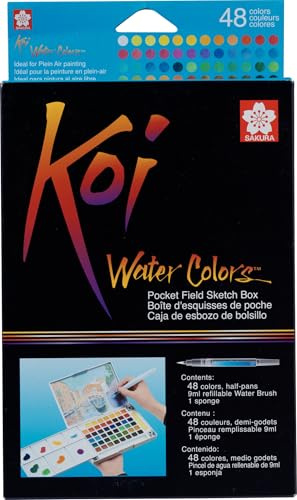 SAKURA Koi Water Colors - Pocket Field Sketch Box - 48 medias pastillas con pincel de agua y paleta mezcladora - Portátil y compacto para artistas