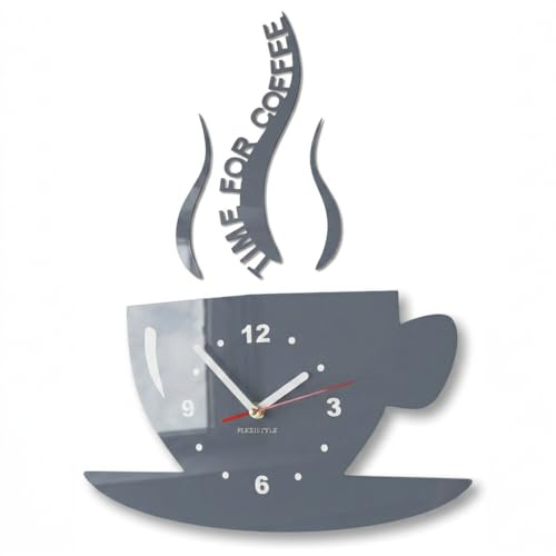 FLEXISTYLE Tasse Time for Coffee (Zeit für Kaffee) Moderne Küche Wanduhr grau, 3D römisch, wanduhr deko, 32 x 19cm