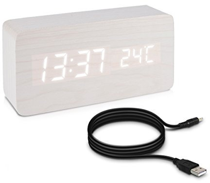 kwmobile Reloj Digital de Madera - Despertador con función de Hora Fecha Temperatura - Reloj Despertador con Cable USB en Blanco con Leds Blancas