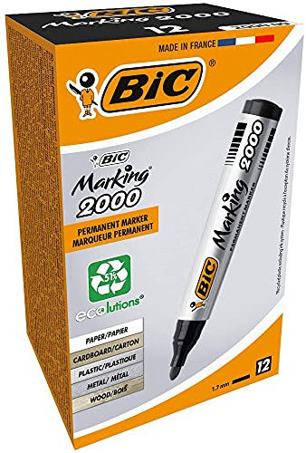 BIC Marking 2000 Permanent Marker, in Schwarz, Wasserfester Stift für Glas, Metall, Holz & Co, Strichstärke 1,7 mm, 12er Pack