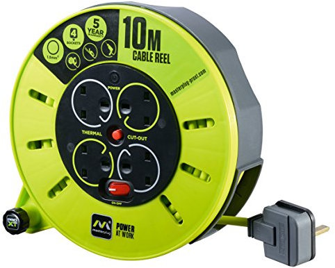 Masterplug Four Socket, 10 Metre Premium Cassette Reel, Medium Power Cable Extension Reel, Thermal Cut-Out & Power Indicator, Heavy Duty, Pro-XT, Grey/Green, 13A, 4G, 10m, CMU10134SL
