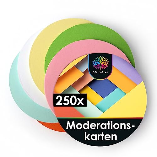 OfficeTree 250x Cartes de Modération 10x10 cm - 6 Couleurs - 150g - Rond - Parfaites pour les Présentations, les Ateliers & les Brainstormings - Fiche Bristol - Flash Cards - Carte Bristol