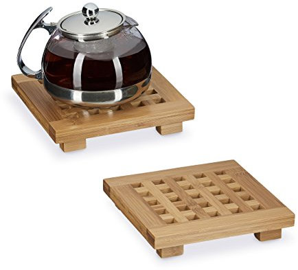 Relaxdays Juego de 2 Posavasos Cuadrados de bambú, salvamanteles de Madera para ollas, sartenes, Platos, Lavables, HBT Aprox. 4 x 20 x 20 cm, Natural, Set de Dos, Fácil de Limpiar, Marrón