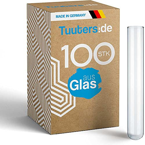 Tuuters 100 Stück Reagenzgläser aus Glas, Reagenzgläschen (140 x Ø16mm) | Rundboden Reagenzglas, glatter Rand, transparente Eprovetten, Made in Germany, als schmale Vase für Blumen und Pflanzen