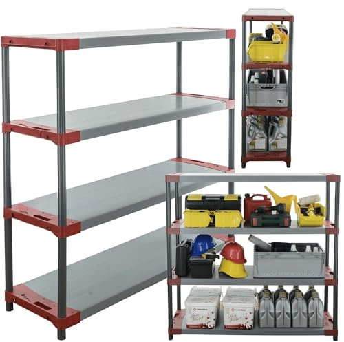 MODO24 Kunststoffregal Jupiter 138x130x46 cm, 4 Ablagen à 70 kg, Lagerregal aus Kunststoff für Keller, Garage, Vorratsraum, Werkstatt, Kellerregal, Steckregal modular, Plastikregal, Farbe: Rot