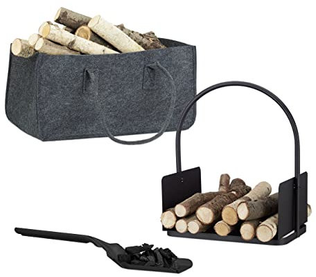 Relaxdays Set da 3 Accessori per Caminetto, Cesto Portalegna o Riviste, Sacco Portalegna in Feltro, Paletta Nera Raccogli Cenere