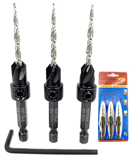 FTG USA 3 Pc #6 (9/64) Countersink Drill Bit Set with Tapered Drill Bits for Woodworking