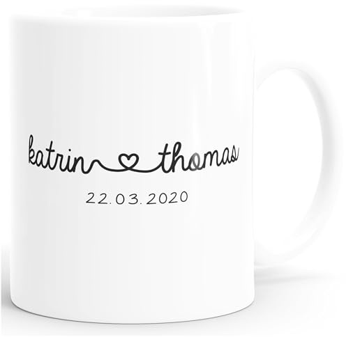 SpecialMe® Kaffee-Tasse personalisiert Geschenk Partner Namen und Datum anpassbar Hochzeitstag Hochzeitsgeschenk Liebe Liebesgeschenk Weiss Keramik-Tasse