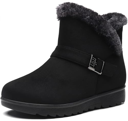 Vunavueya Chaussures Bottes D'Hiver en Cuir Femmes Courte Bottines Mode de Neige avec Doublure Chaud Fourrure Noir Doublé 37 EU/240CN