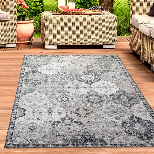 CARPETIA Teppich Outdoor Orientteppich Wohnzimmerteppich Ornamente in grau blau Größe 240 x 340 cm