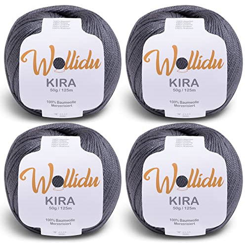 Wollidu Kira 4er-Set mercerisierte Baumwolle – 4×50 g feines Häkelgarn & Strickgarn, 100% Baumwolle, 125 m Lauflänge, uni Dunkelgrau